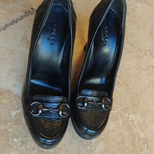 Gucci Women's Black Leather Heels with Silver Buckles